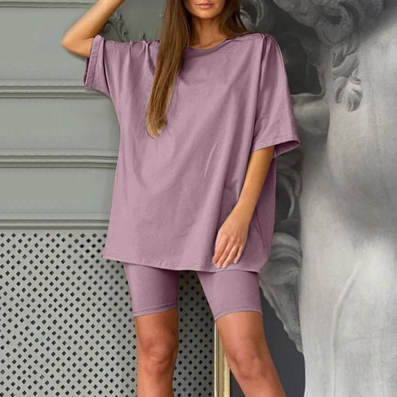 Womens Short Sets 2 Piece Sets Short Sleeve Crew Neck T Shirt & Shorts Summer Sets Matching Set Women