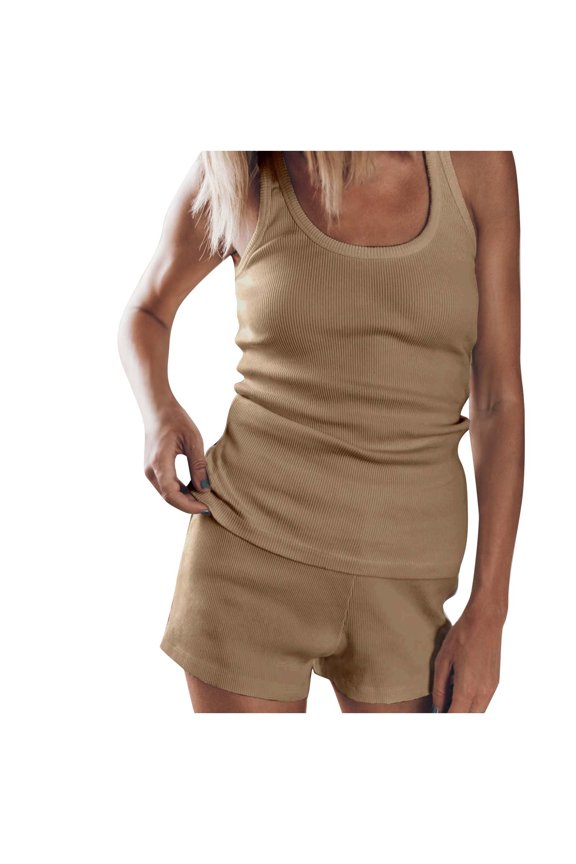 Womens Short Sets Bikers Workout Sets for Women Tank Tops with Shorts Ribbed Joggers Two Piece Outfits Tracksuits (Small, Beige)