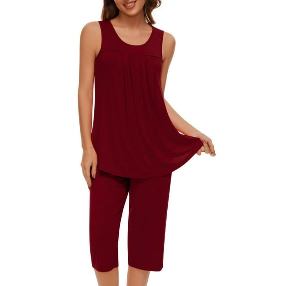 Womens Short Sets Pullover Sleeveless Pleated Tunic Tops Straight Knee Length Shorts 2 Piece Loungewear Suit Set Ladies Casual Solid Comfy Basic Outfits