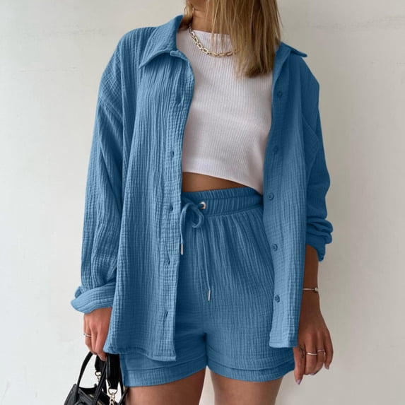 Womens Short Sets Two Piece Sets Button Up Shirts and Shorts Womens Spring Outfits Women Outfits Sets