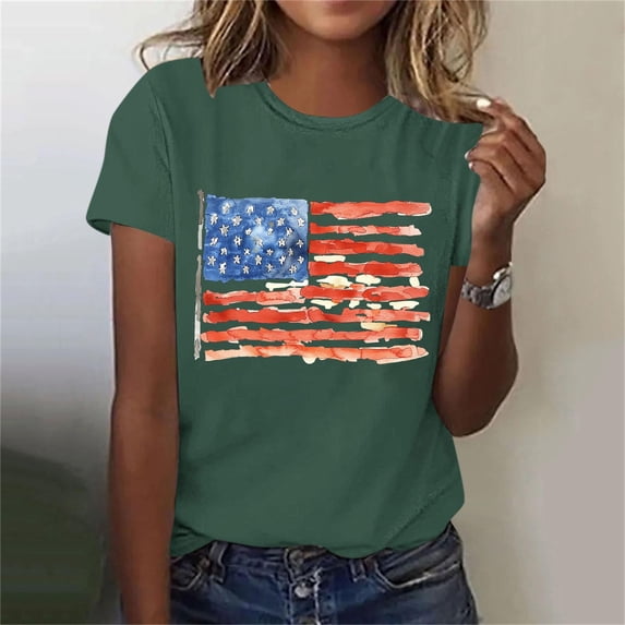 Womens Short Sleeve American Flag T-Shirts Crew Neck 4th of July Summer Graphic Tee Tops
