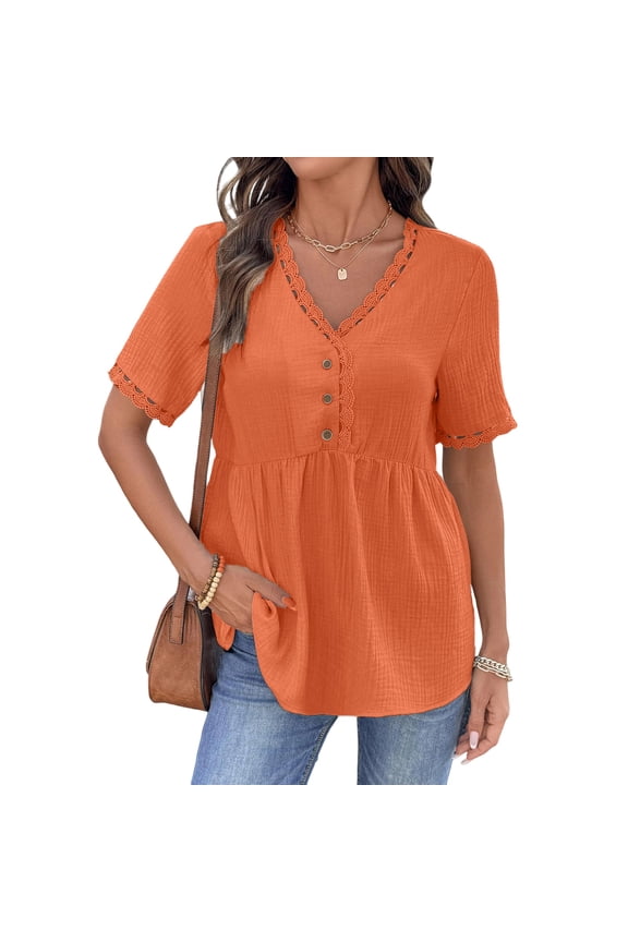 Womens Short Sleeve Babydoll Tops Lace Trim Cotton Linen V Neck Tunic Shirts for Women 2026 Summer Ruffled Hem Blouses Saffron L