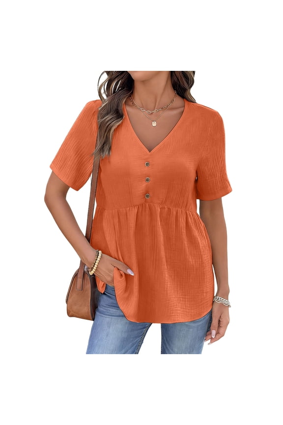 Womens Short Sleeve Babydoll Tops Solid Color Cotton Linen V Neck Tunic Shirts for Women 2026 Summer Ruffled Hem Blouses Saffron L