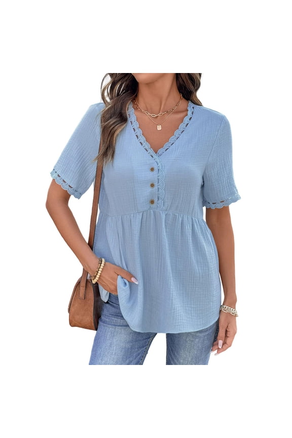 Womens Short Sleeve Babydoll Tops Lace Trim V Neck Cotton Linen Tunic Shirts for Women 2026 Summer Ruffled Hem Blouses Sky Blue 2XL