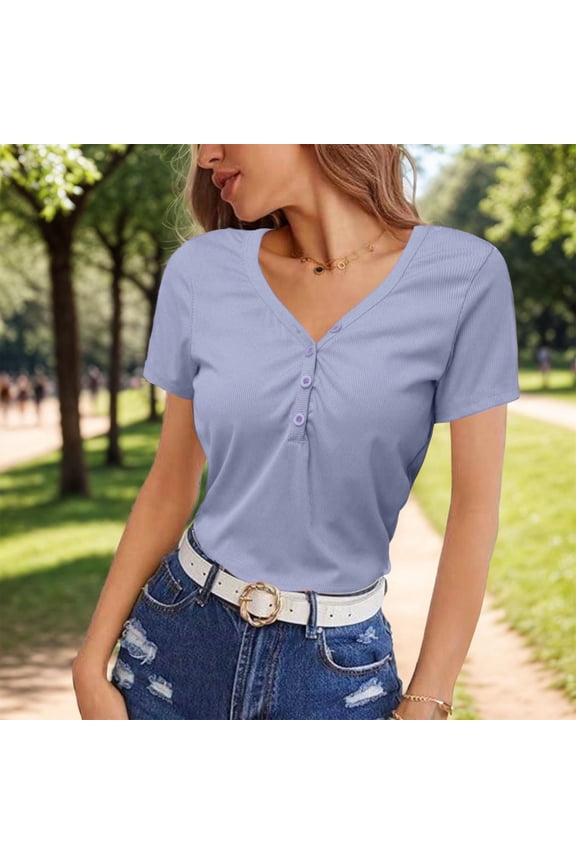 Womens Short Sleeve Basic T Shirts V Neck Cute Summer Tops Button Down Slim Fit Tees Clothing Long Sleeve Polyester Spandex Women's Tees Apparel T Shirt Long Sleeve Layering Shirts for Women Casual T