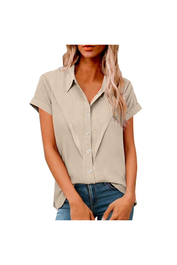 Womens Short Sleeve Blouse Button Down Wrinkle Resistant Polyester Relaxed Fit & Plus Size Casual Work Office Top, Beige,Size 3XL