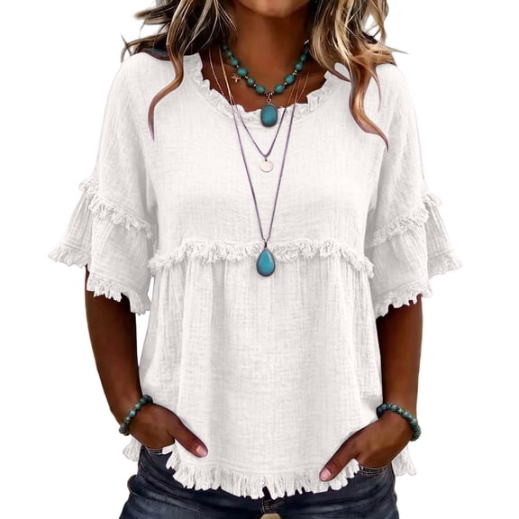 Womens Short Sleeve Blouses Crew Neck Fringe Trim Relaxed Fit Casual Summer Shirts Comfy Everyday Summer Tops White L