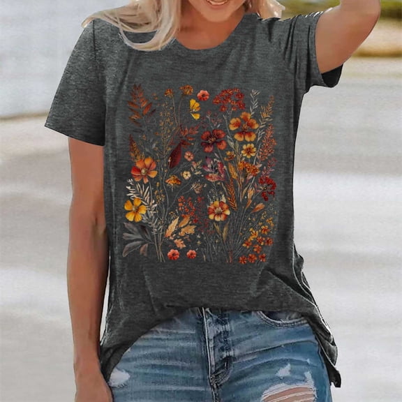 Womens Short Sleeve Blouses Loose Fit Tops Graphic Print Trendy 2025 Basics Crew Neck T Shirt
