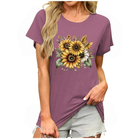 Womens Short Sleeve Blouses on Sale Women's Sunflower Print Tops Casual Loose Floral Print Crew Neck Graphic Tees Shirts Short Sleeve Blouses Summer T-Shirt New A-Red S