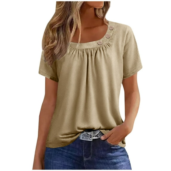 Womens Short Sleeve Blouses Spring Dressy Casual Loose Fit T Shirts Button Decor Summer Solid Color Tunic Tops, Under 10 Dollar