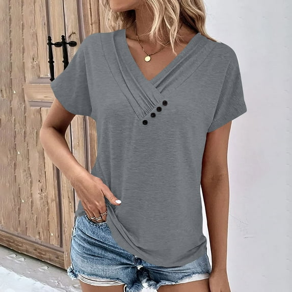 Womens Short Sleeve Blouses Spring Dressy Casual Loose Fit T Shirts Button Decor Summer Solid Color Tunic Tops Dark Gray