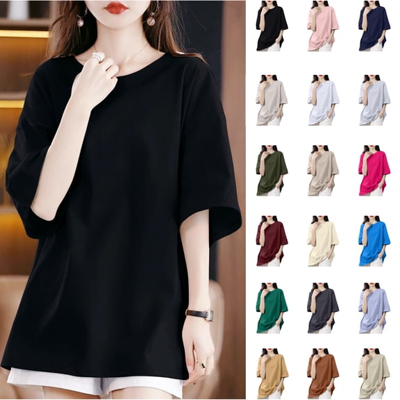 Womens Short Sleeve Blouses, Women's Solid Color Shoulder Down Short Sleeved Round Neck Loose Fashion Top(Black,S)