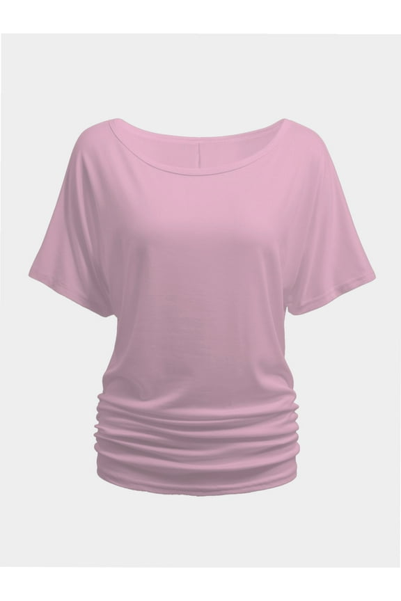 Womens Short Sleeve Boat Neck Side Shirring Dolman Drape Top
