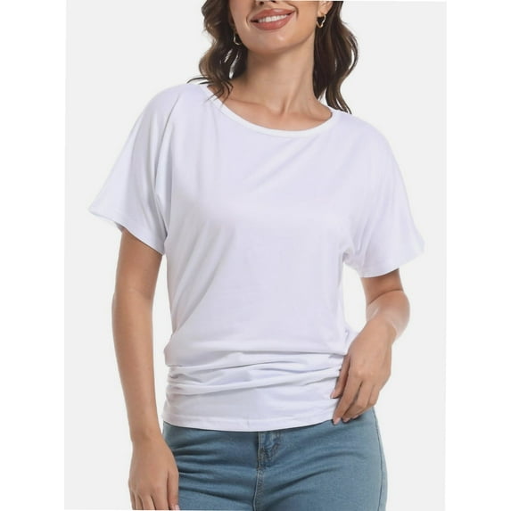 Women's Short Sleeve Boat Neck Top - Dolman Style with Side Shirring & Drape Detail