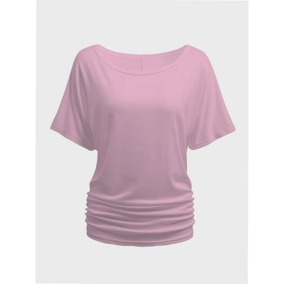 Womens Short Sleeve Boat Neck Side Shirring Dolman Drape Top