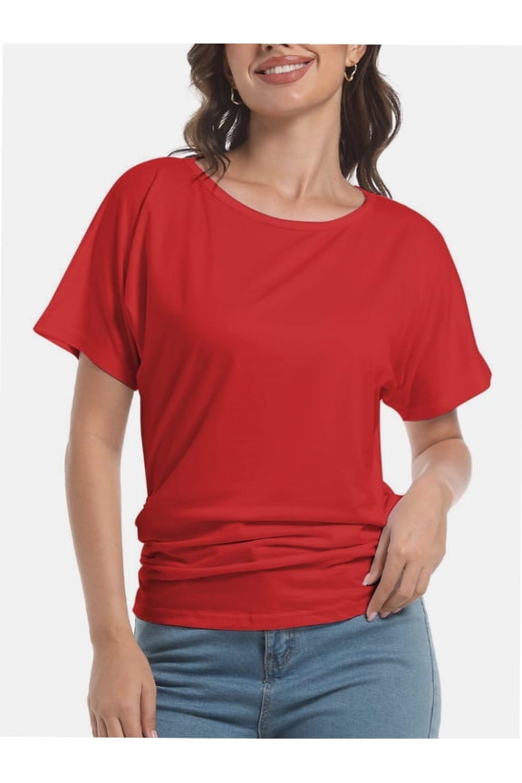 Women's Short Sleeve Boat Neck Top - Dolman Style with Side Shirring & Drape Detail