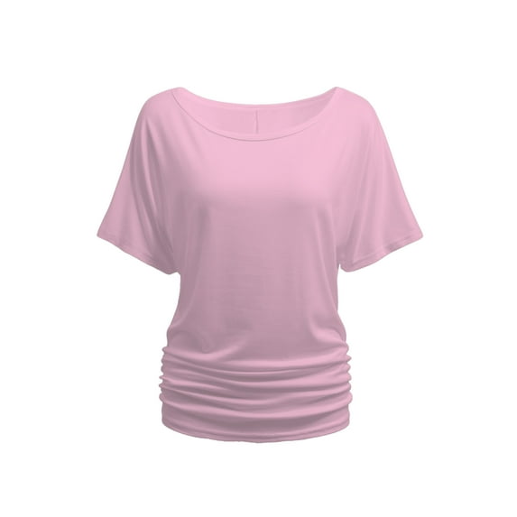 Womens Short Sleeve Boat Neck Side Shirring Dolman Drape Top