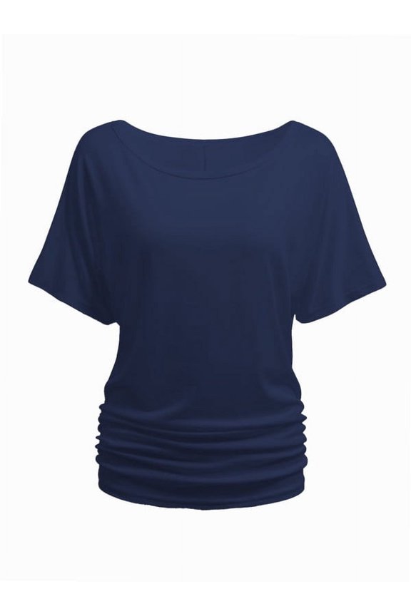 Womens Short Sleeve Boat Neck Side Shirring Dolman Drape Top