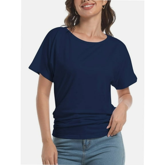 Women's Short Sleeve Boat Neck Top - Dolman Style with Side Shirring & Drape Detail