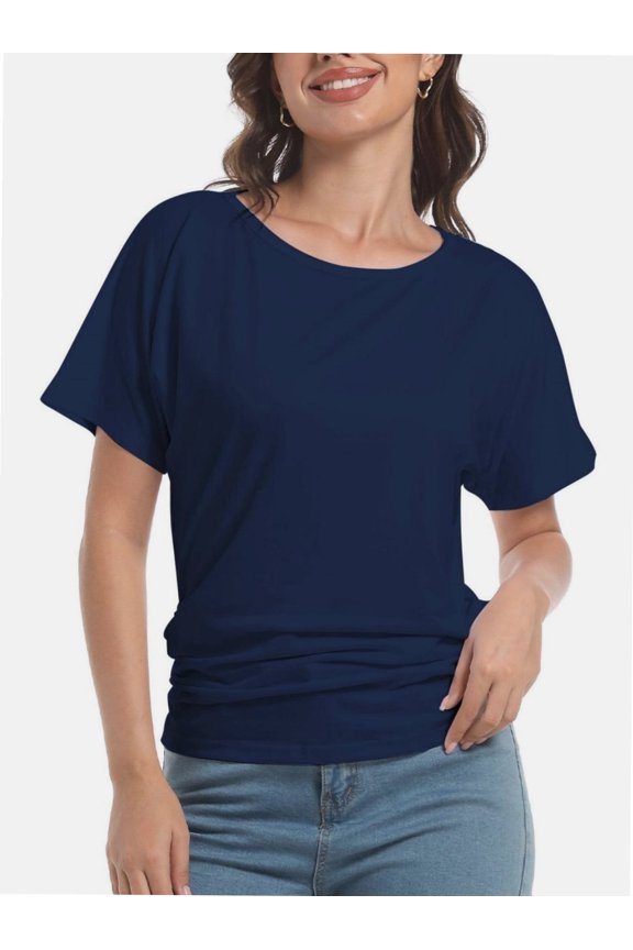 Women's Short Sleeve Boat Neck Top - Dolman Style with Side Shirring & Drape Detail