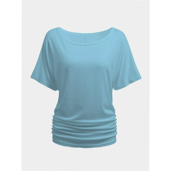 Womens Short Sleeve Boat Neck Side Shirring Dolman Drape Top