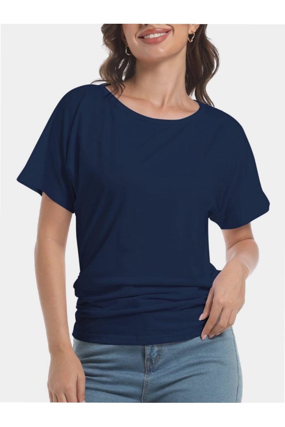 Womens Short Sleeve Boat Neck Side Shirring Dolman Drape Top