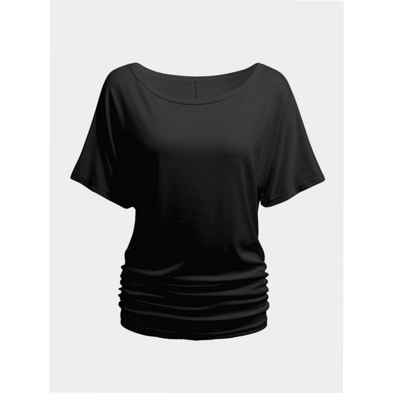 Womens Short Sleeve Boat Neck Side Shirring Dolman Drape Top