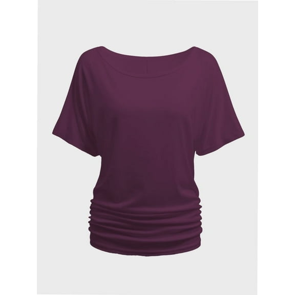 Womens Short Sleeve Boat Neck Side Shirring Dolman Drape Top