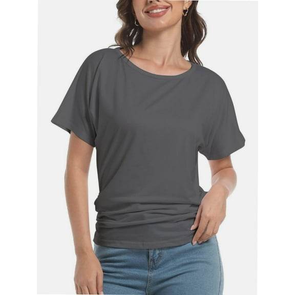 Women's Short Sleeve Boat Neck Top - Dolman Style with Side Shirring & Drape Detail