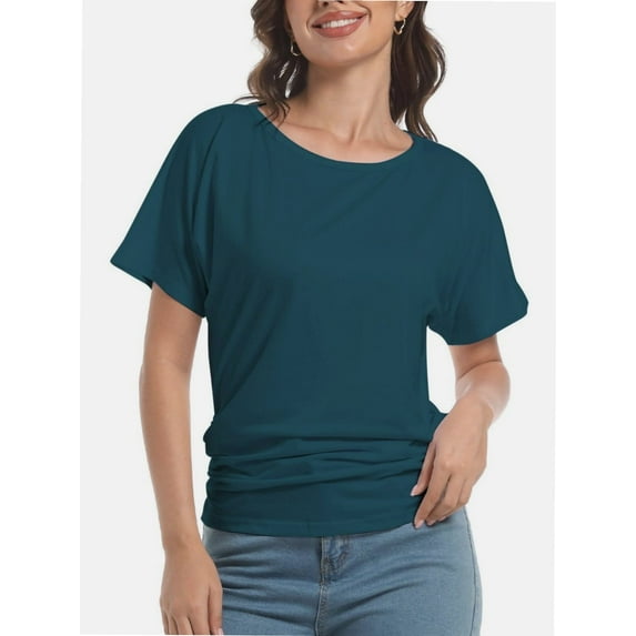 Women's Short Sleeve Boat Neck Top - Dolman Style with Side Shirring & Drape Detail