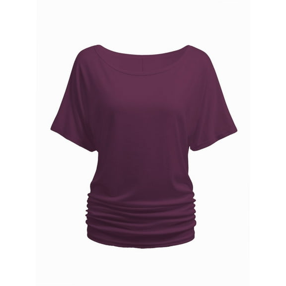 Womens Short Sleeve Boat Neck Side Shirring Dolman Drape Top