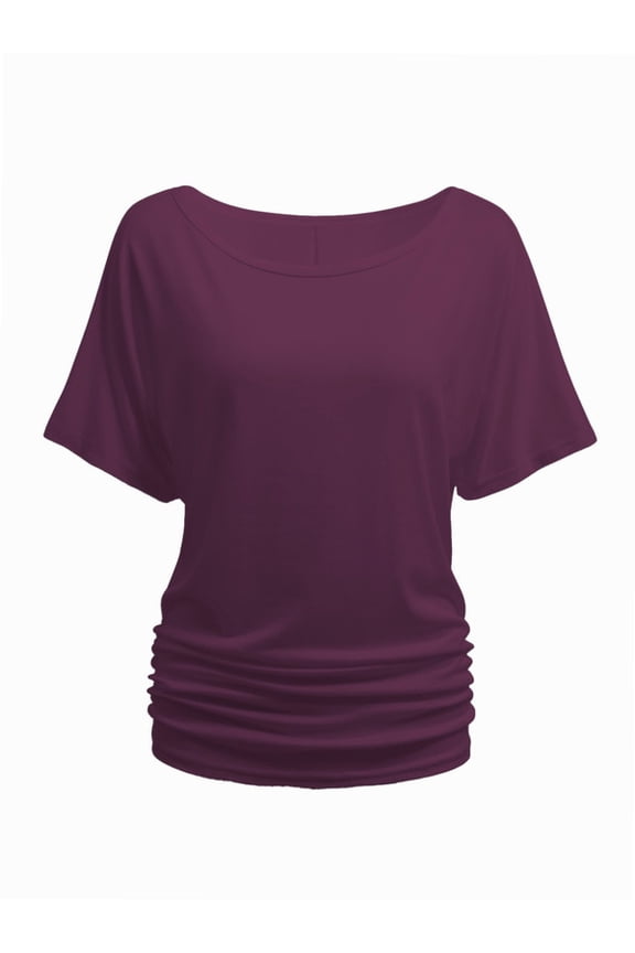 Womens Short Sleeve Boat Neck Side Shirring Dolman Drape Top