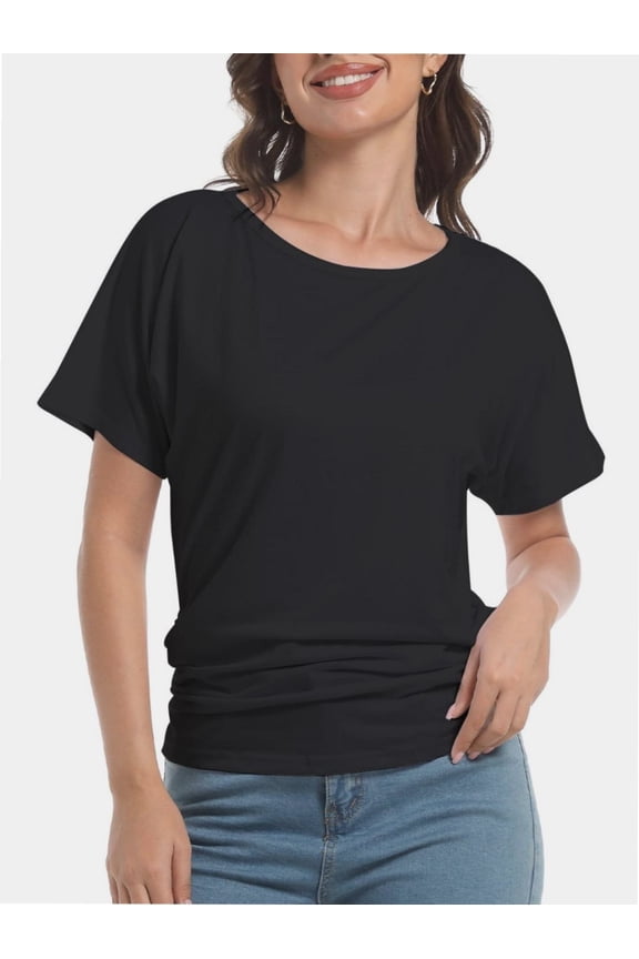 Womens Short Sleeve Boat Neck Side Shirring Dolman Drape Top