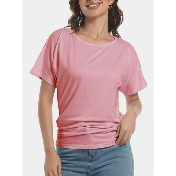 Womens Short Sleeve Boat Neck Side Shirring Dolman Drape Top