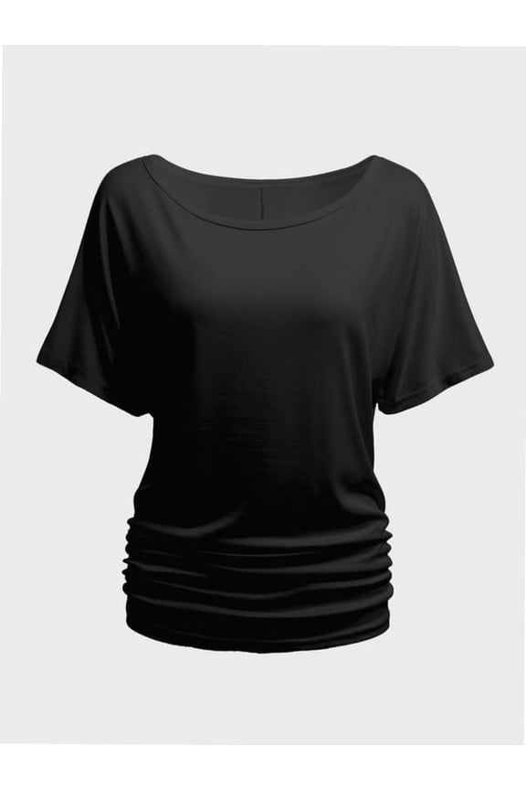 Womens Short Sleeve Boat Neck Side Shirring Dolman Drape Top