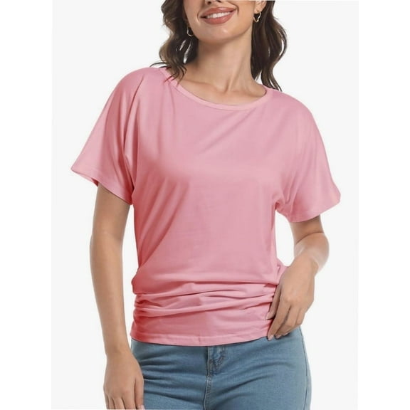 Womens Short Sleeve Boat Neck Side Shirring Dolman Drape Top