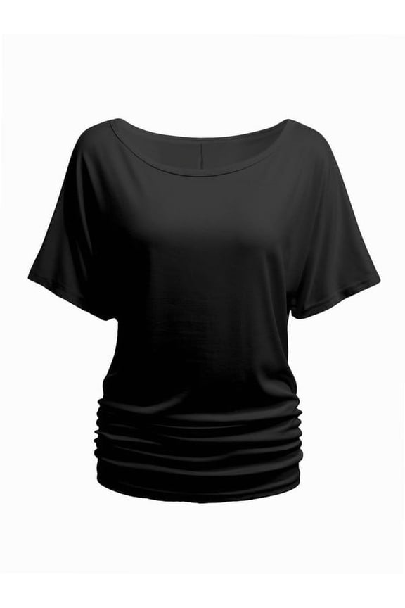 Womens Short Sleeve Boat Neck Side Shirring Dolman Drape Top