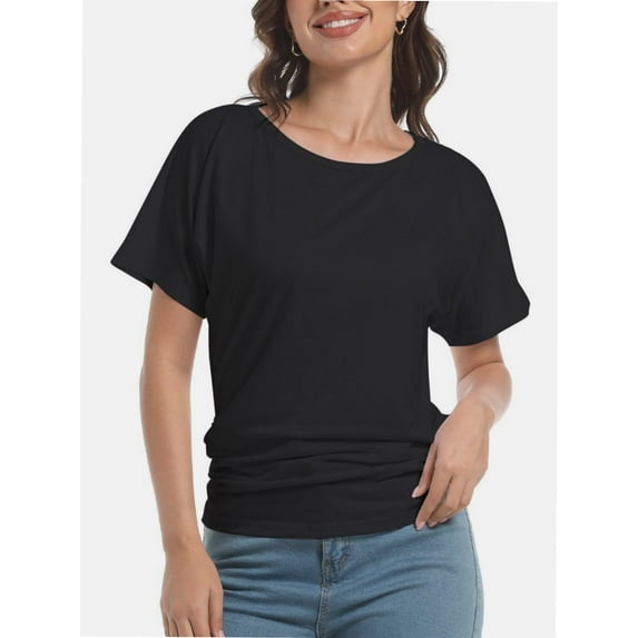 Women's Short Sleeve Boat Neck Top - Dolman Style with Side Shirring & Drape Detail