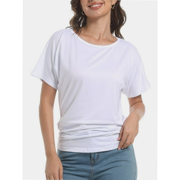 Womens Short Sleeve Boat Neck Side Shirring Dolman Drape Top