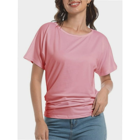 Womens Short Sleeve Boat Neck Side Shirring Dolman Drape Top