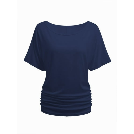 Womens Short Sleeve Boat Neck Side Shirring Dolman Drape Top
