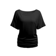 Womens Short Sleeve Boat Neck Side Shirring Dolman Drape Top