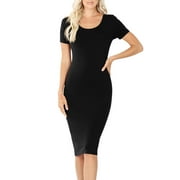 Womens Short Sleeve Bodycon Fitted Knee Length Midi Dress