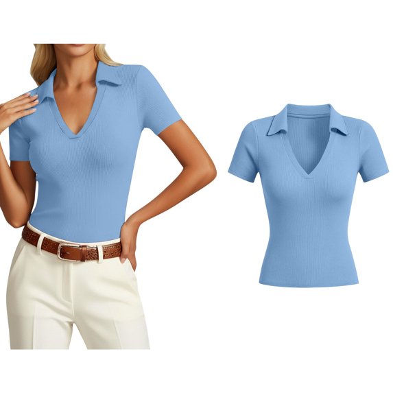 Womens Short Sleeve Business Casual Tops Summer V Neck Polo Work Shirts Fitted Basic Shirt Trendy Tops