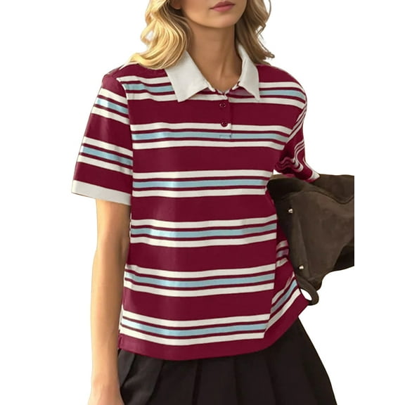 Womens Short Sleeve Business Casual Tops Summer V Neck Work Shirts 2025 Fitted Basic Collared Shirt Wine Red M