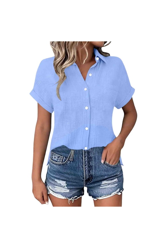 Womens Short Sleeve Button Down Cotton Double Gauze Blouse Summer Beach Tops, Lightweight Breathable Crinkled Gauze Shirt with Side Slits Chest Pocket and Rolled Cuffs