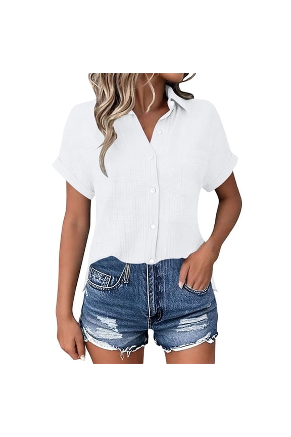 Womens Short Sleeve Button Down Cotton Double Gauze Blouse Summer Beach Tops, Lightweight Breathable Crinkled Gauze Shirt with Side Slits Chest Pocket and Rolled Cuffs