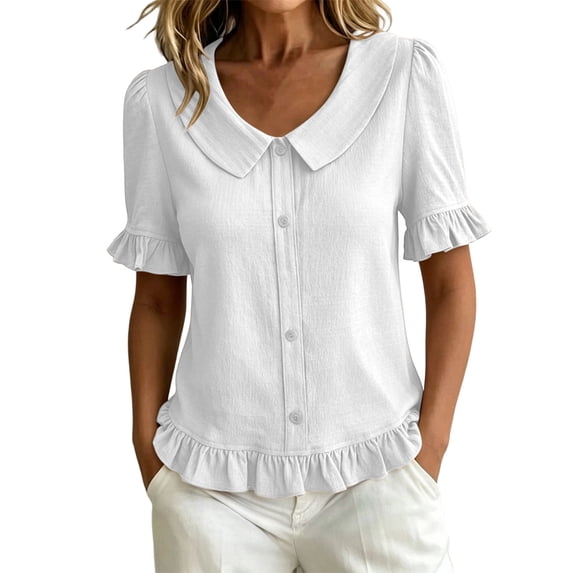 Womens Short Sleeve Button Down Blouse Business Casual Peter Pan Collar Ruffle Cuffs Peplum Top for Office Work