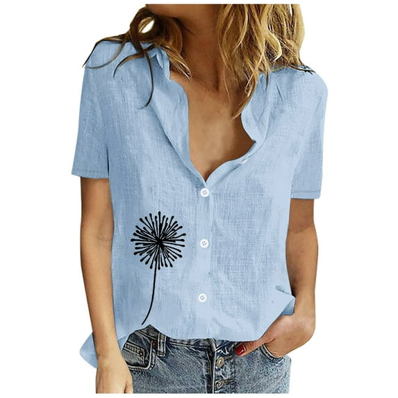 Womens Short Sleeve Button Down Cotton Linen Shirt Blouse Loose Fit Casual V-Neck Collared Tops Summer Basic T Shirts