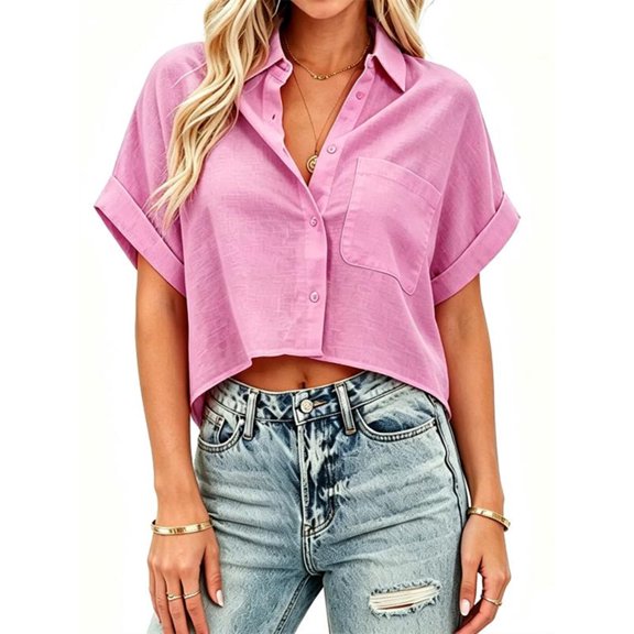 Womens Short Sleeve Button Down Cropped Shirts Lapel Blouse